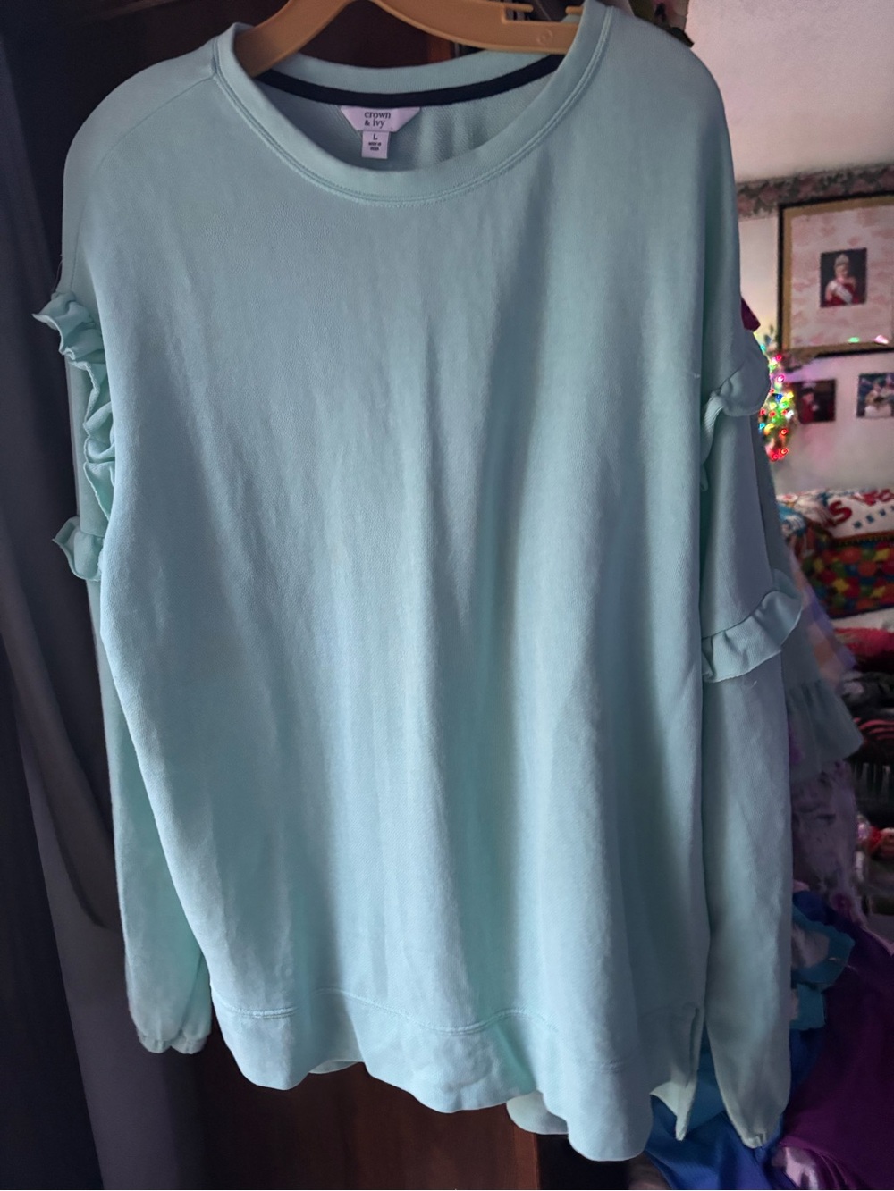 crown & ivy aqua ruffle-sleeve pullover sweatshirt